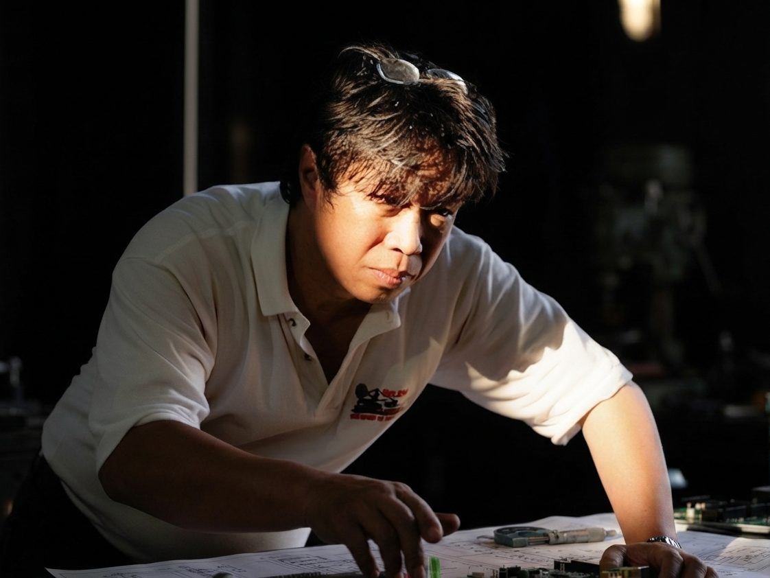 A man at a workbench, leaning over technical drawings in a workshop