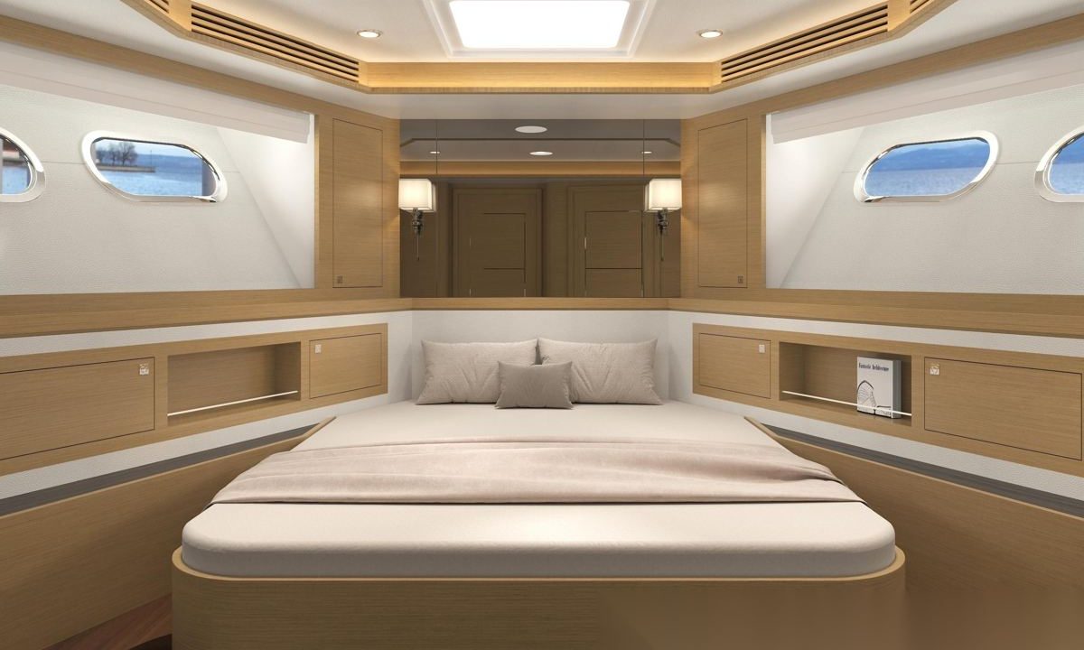 Forward cabin finished in oak, the same cabin in pale joinery